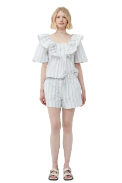 Clearance GANNI Gestreifte Seersucker-Ruschenbluse Mauve Chalk