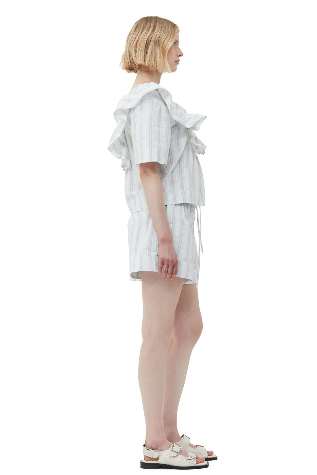 Clearance GANNI Gestreifte Seersucker-Ruschenbluse Mauve Chalk