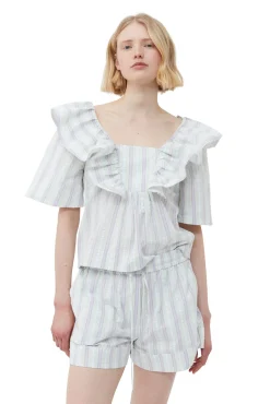 Clearance GANNI Gestreifte Seersucker-Ruschenbluse Mauve Chalk