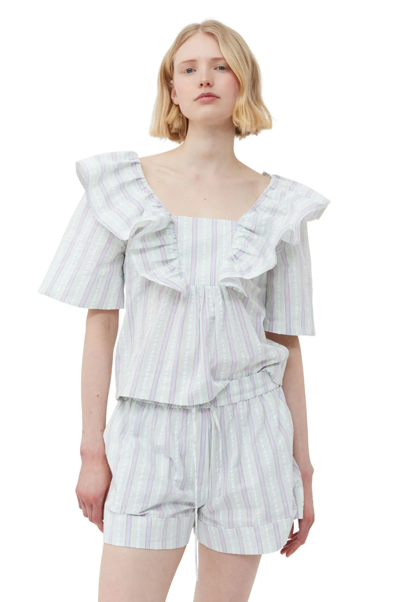 Clearance GANNI Gestreifte Seersucker-Ruschenbluse Mauve Chalk