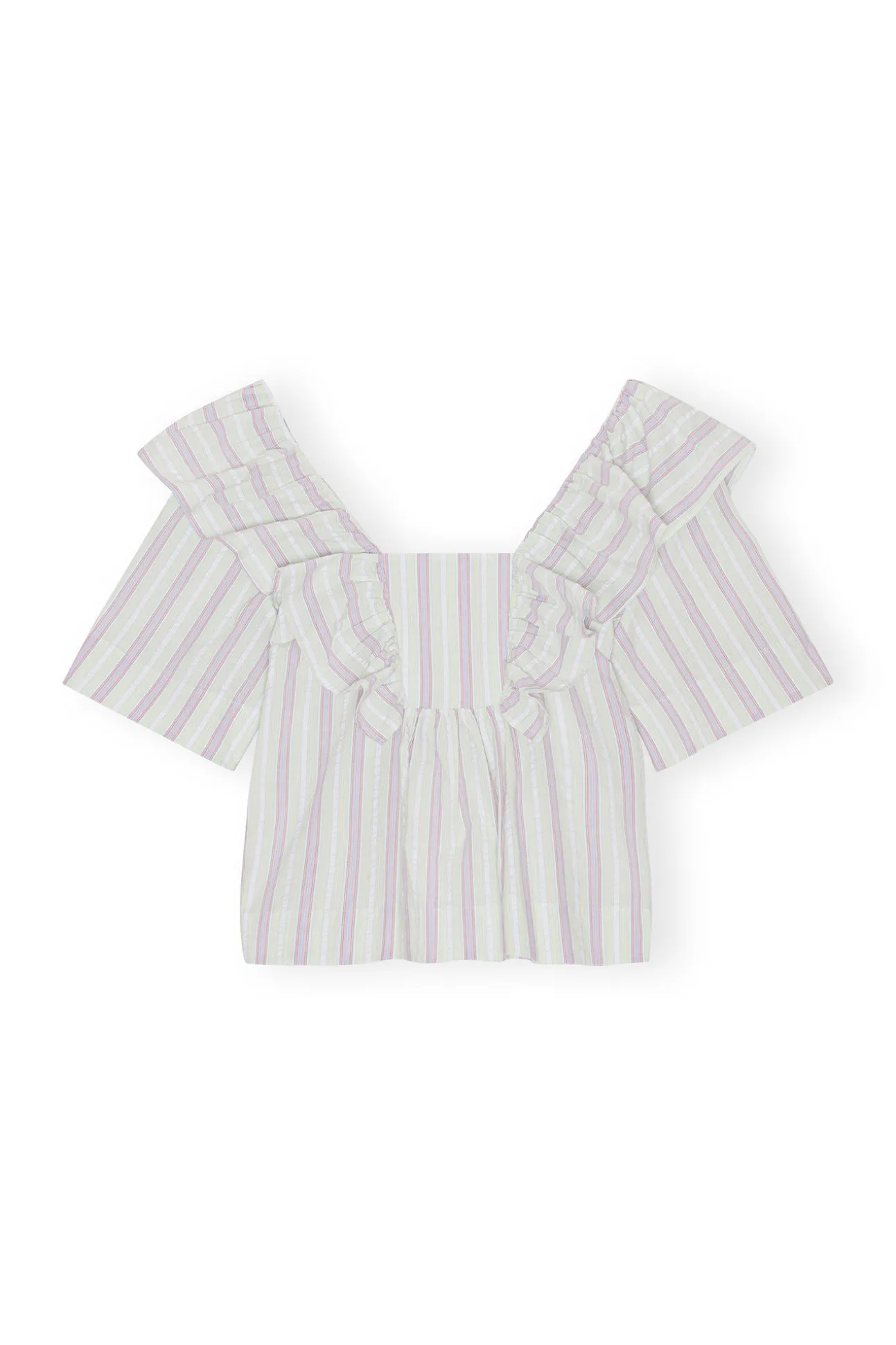 Clearance GANNI Gestreifte Seersucker-Ruschenbluse Mauve Chalk
