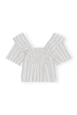 Clearance GANNI Gestreifte Seersucker-Ruschenbluse Mauve Chalk