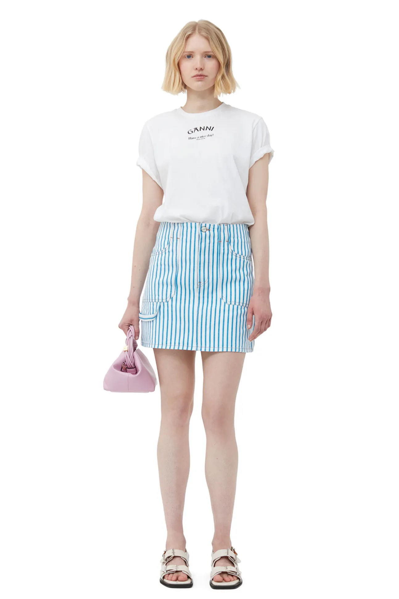 New GANNI Gestreifter Denim-Minirock Bright White