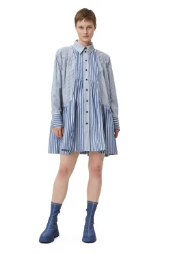 Best Sale GANNI Gestreiftes Mini-Hemdkleid Gray Blue