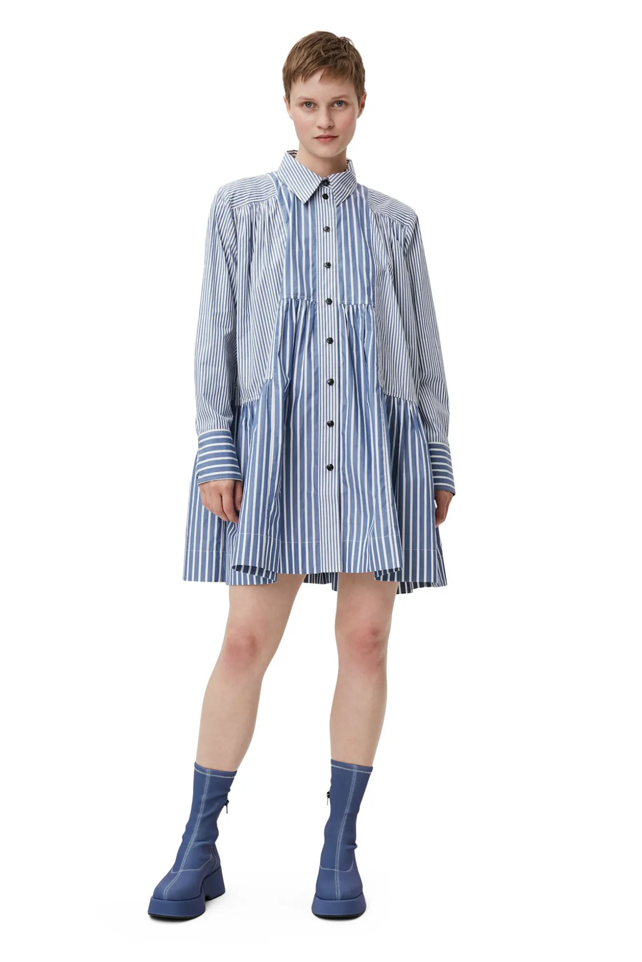 Best Sale GANNI Gestreiftes Mini-Hemdkleid Gray Blue