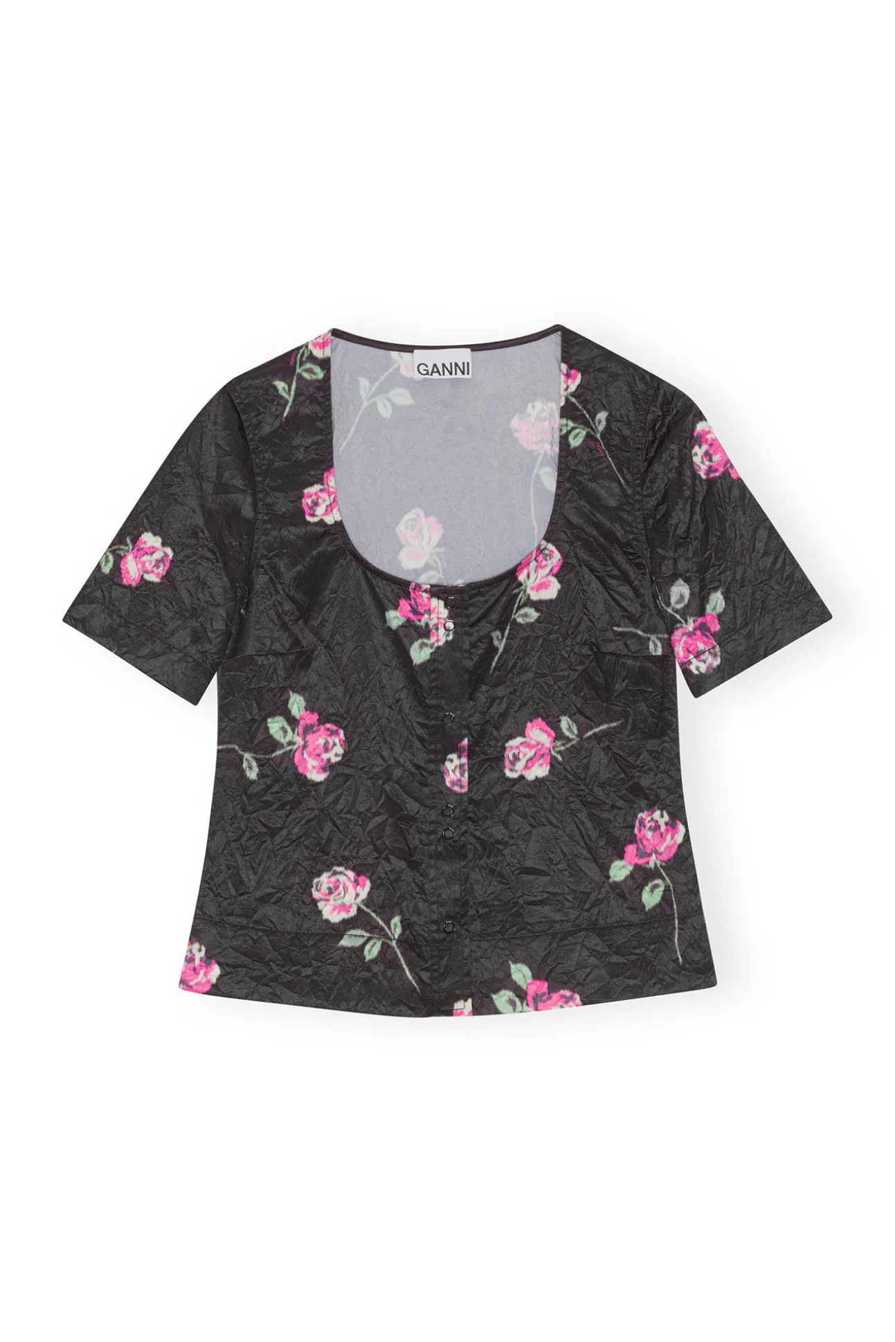 Clearance GANNI Gewellte Satinbluse Black