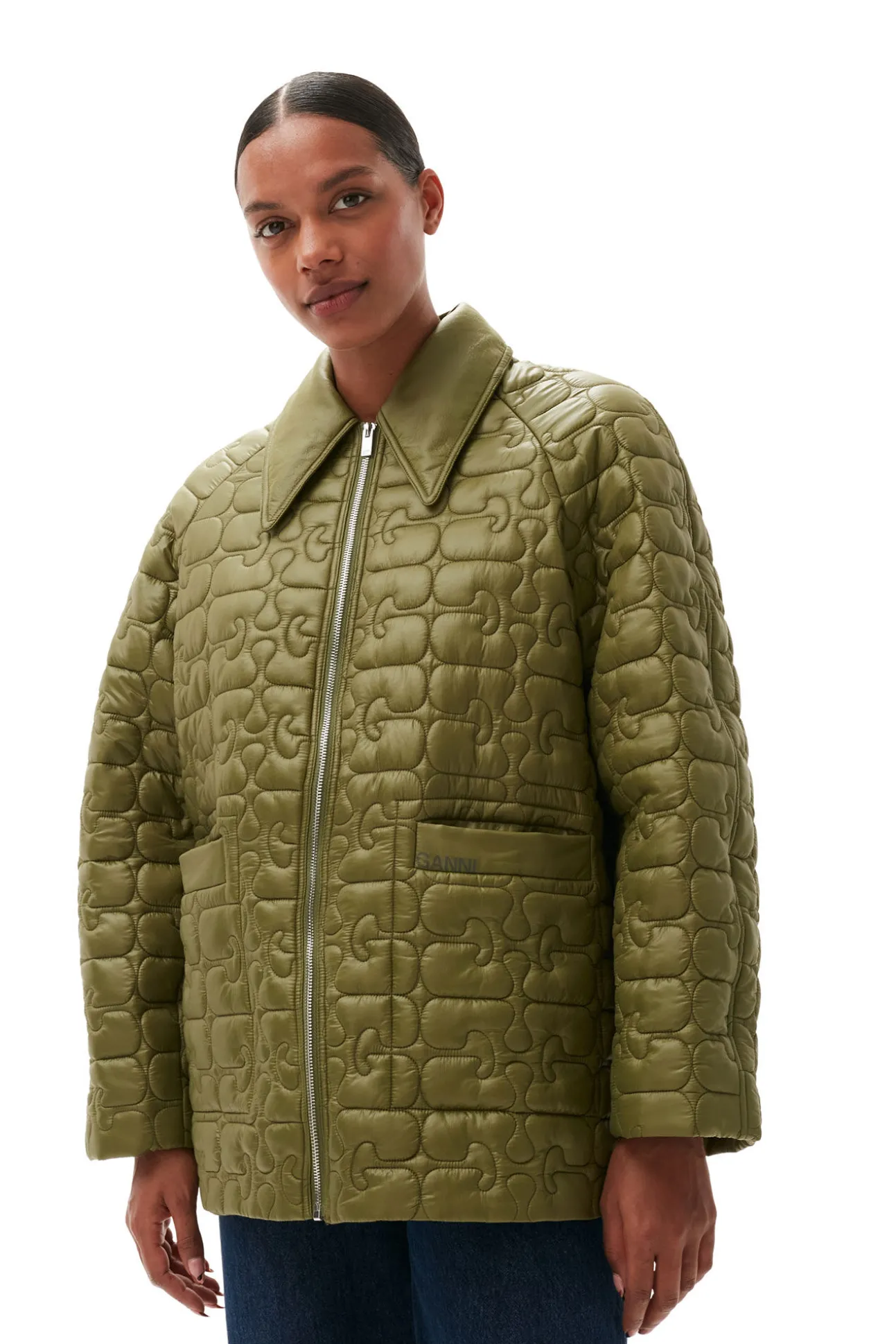 Fashion GANNI Glanzende Steppjacke Spaghnum