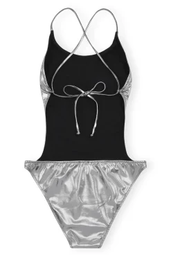 Fashion GANNI Glanzender String-Badeanzug Aus Recyceltem Material Silver