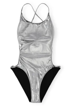 Fashion GANNI Glanzender String-Badeanzug Aus Recyceltem Material Silver