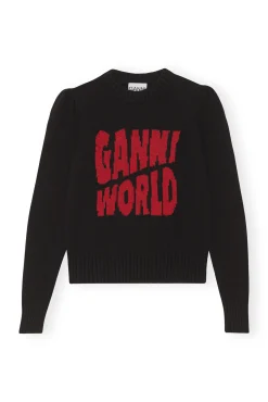 Shop GANNI Graphic Puff Shoulder World Black