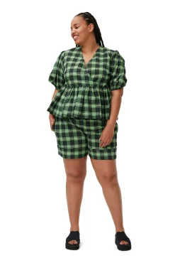 Clearance GANNI Grun Karierte Seersucker-Wickelbluse Peapod