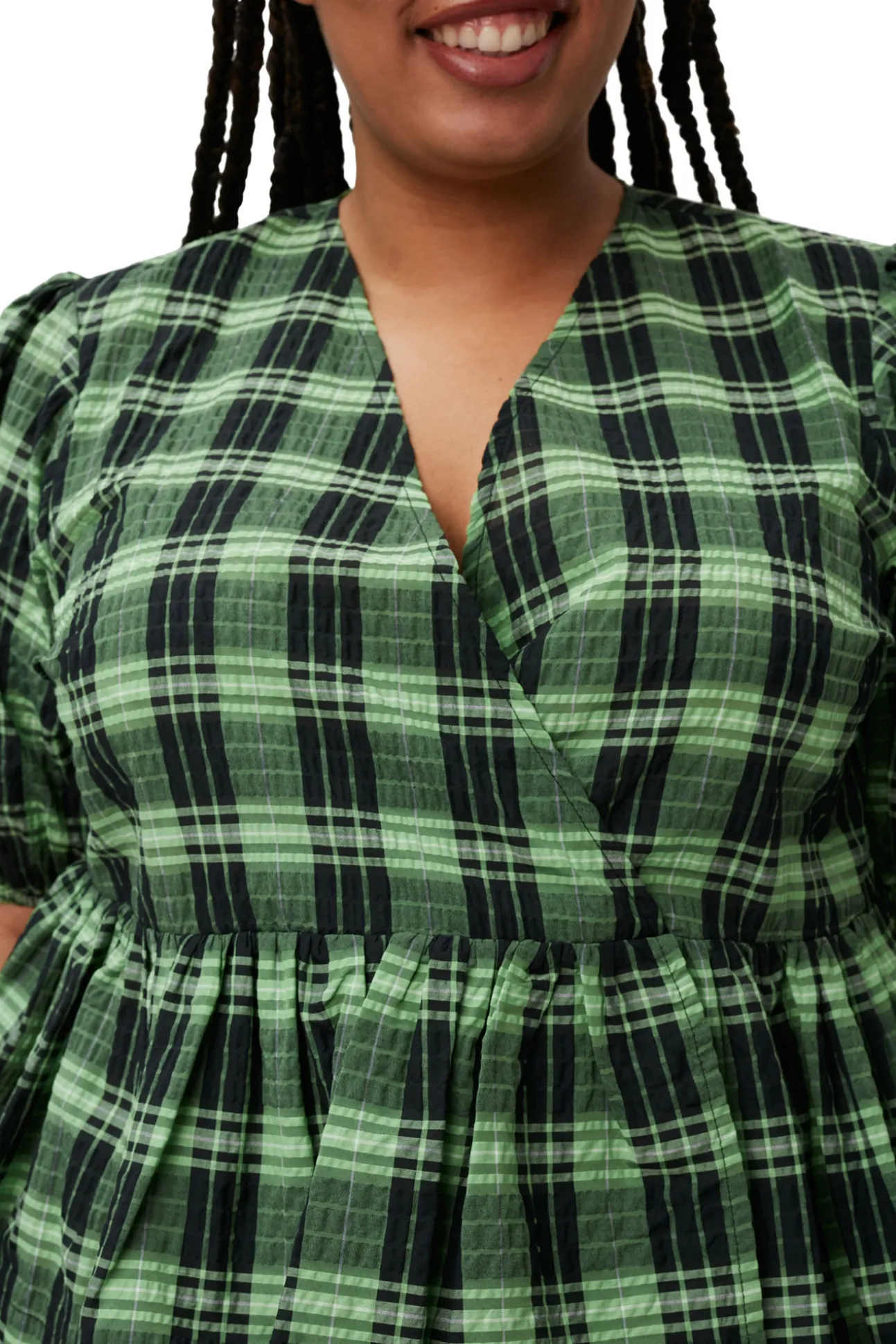Clearance GANNI Grun Karierte Seersucker-Wickelbluse Peapod