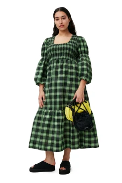 Cheap GANNI Grun Kariertes, Gesmoktes Seersucker-Maxikleid Peapod