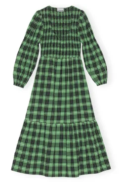 Cheap GANNI Grun Kariertes, Gesmoktes Seersucker-Maxikleid Peapod