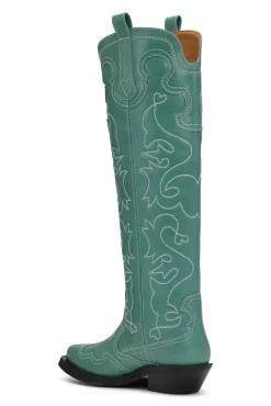 Best Sale GANNI Grune Kniehohe Bestickte Westernstiefel Bottle Green