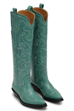Best Sale GANNI Grune Kniehohe Bestickte Westernstiefel Bottle Green