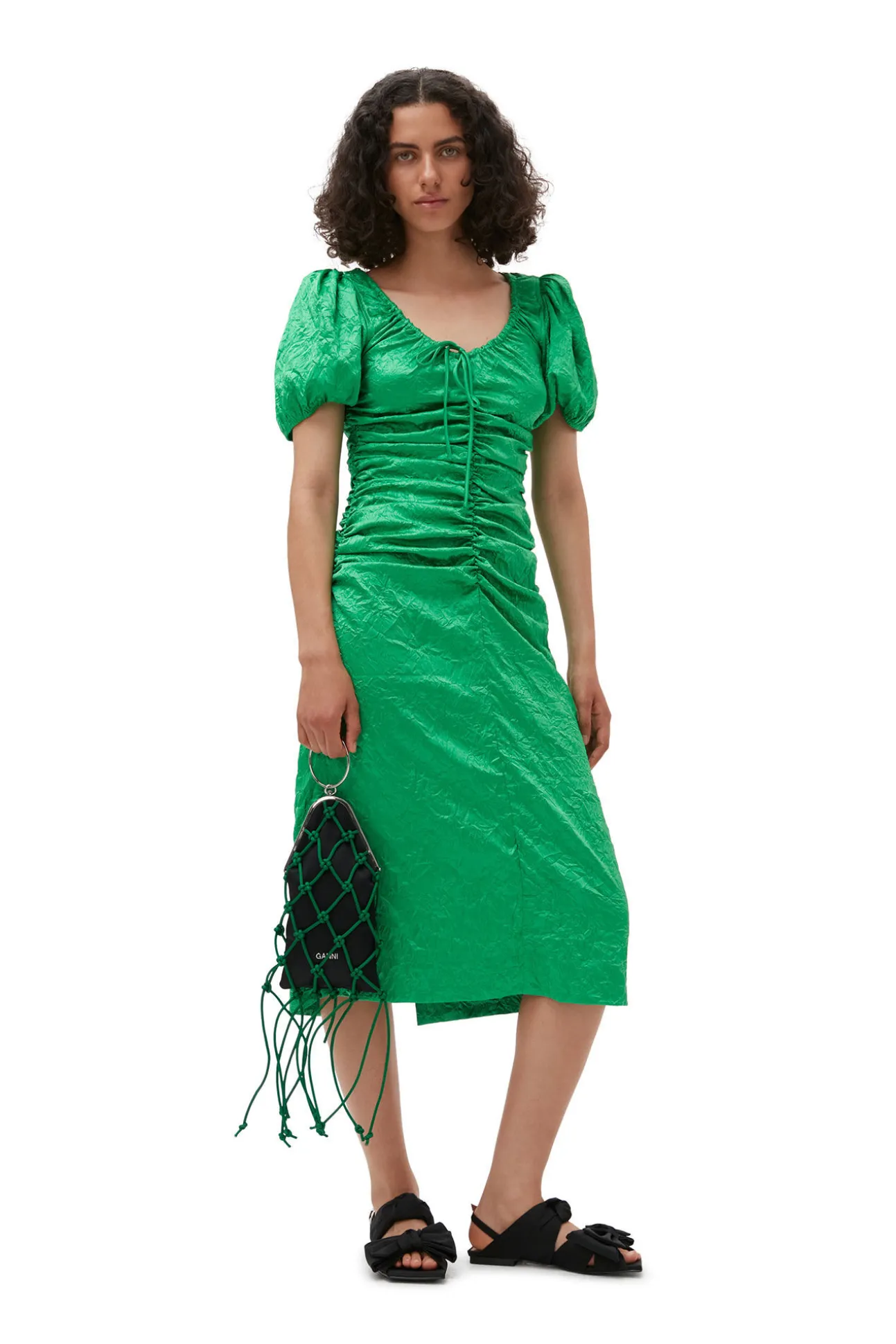 Hot GANNI Grunes Midikleid Aus Geknittertem Satin Bright Green