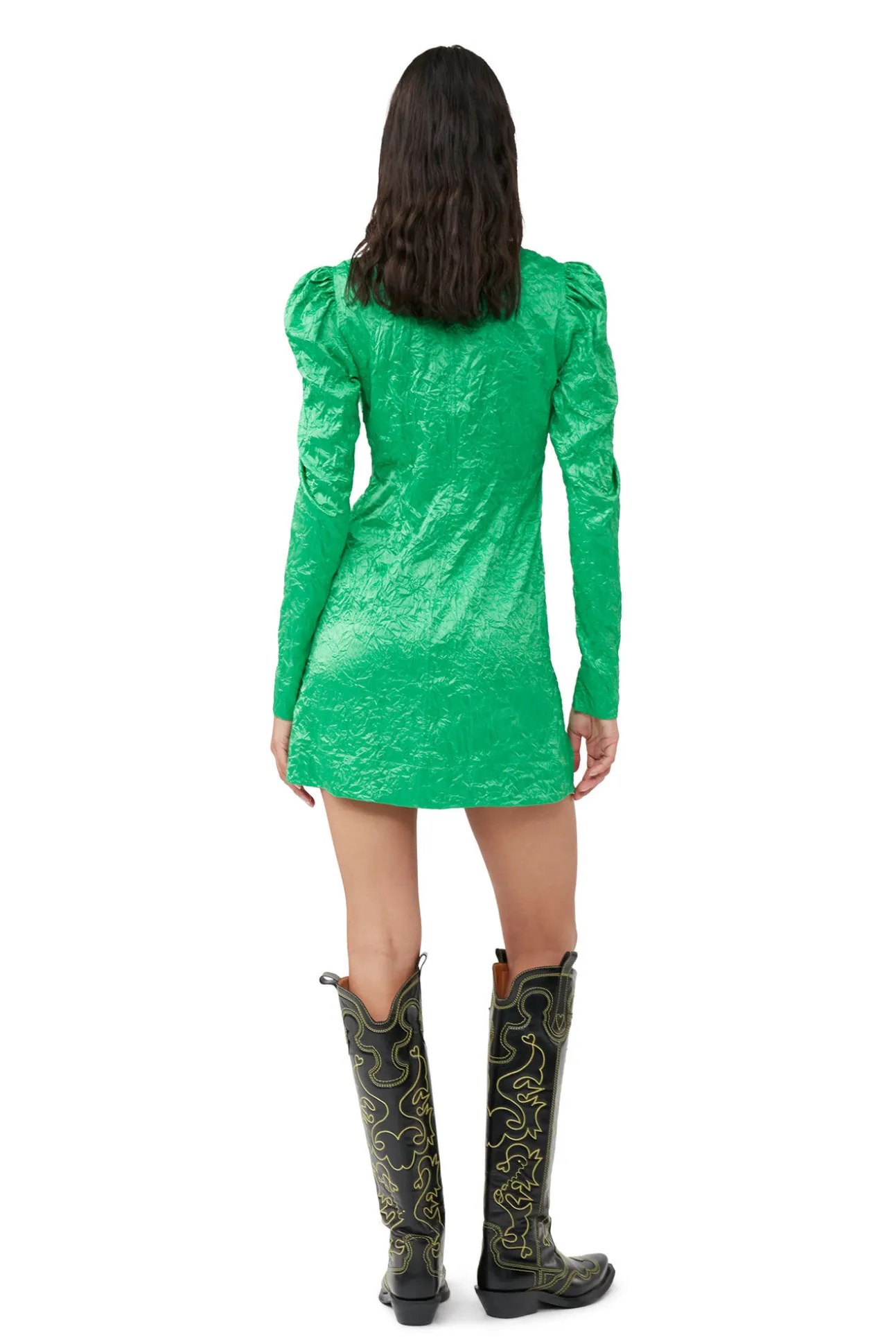 Discount GANNI Grunes Minikleid Mit V-Ausschnitt Aus Geknittertem Satin Bright Green