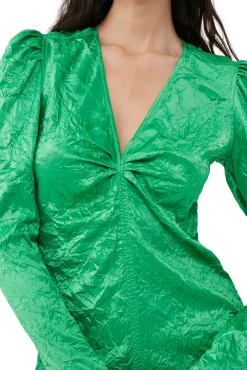 Discount GANNI Grunes Minikleid Mit V-Ausschnitt Aus Geknittertem Satin Bright Green