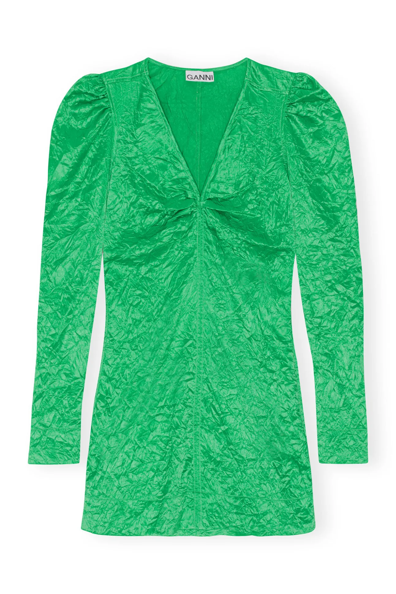 Discount GANNI Grunes Minikleid Mit V-Ausschnitt Aus Geknittertem Satin Bright Green