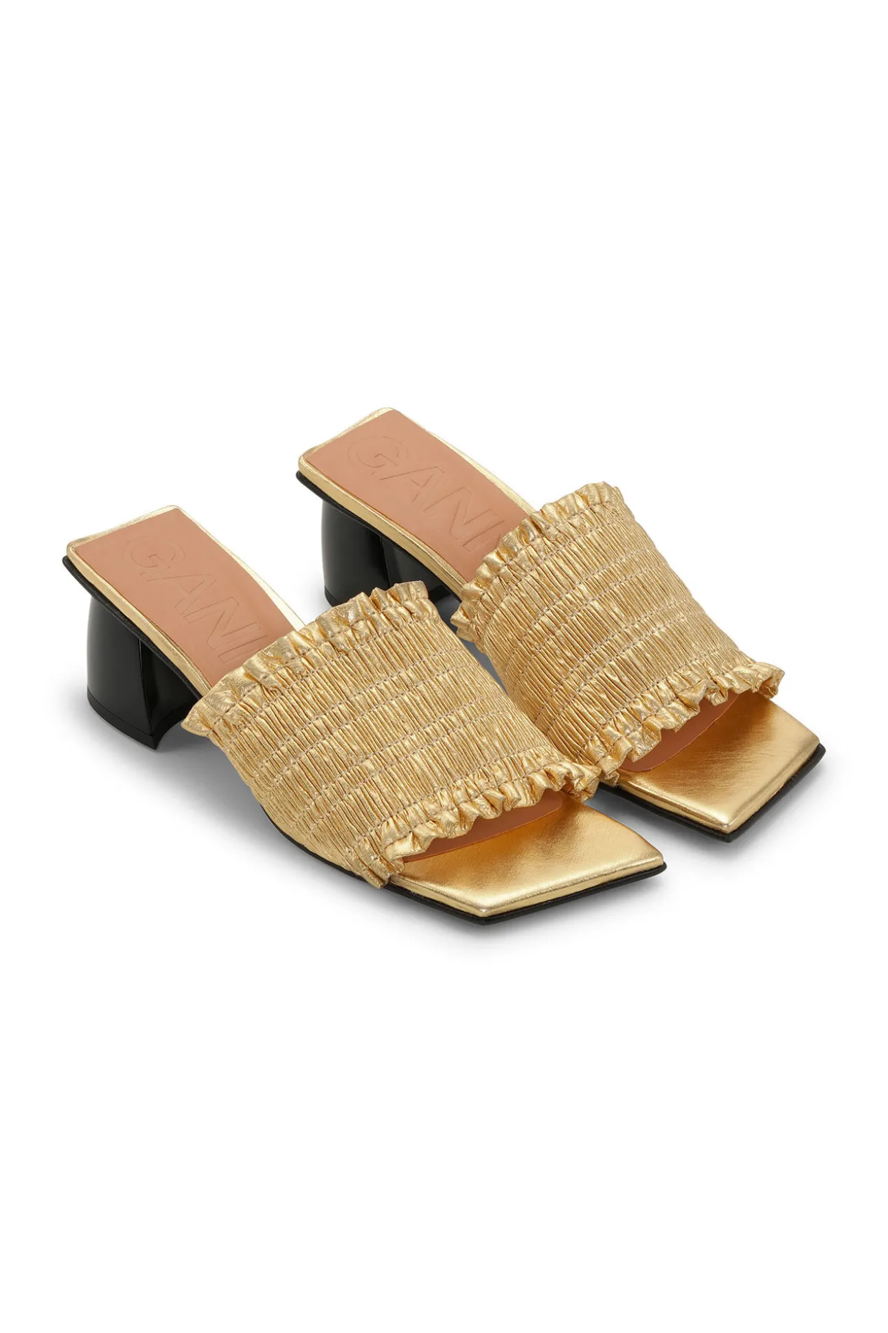 Clearance GANNI Halbhohe Farbene Gesmokte Pantoletten Gold