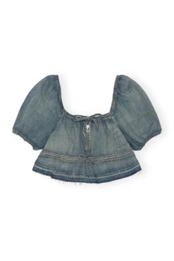 Best GANNI Jeansoberteil Mit Puffarmeln Und Gefarbten Saumen Tint Wash