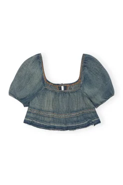 Best GANNI Jeansoberteil Mit Puffarmeln Und Gefarbten Saumen Tint Wash