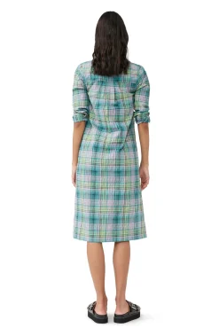 Store GANNI Kariertes Seersucker-Hemdkleid Lagoon