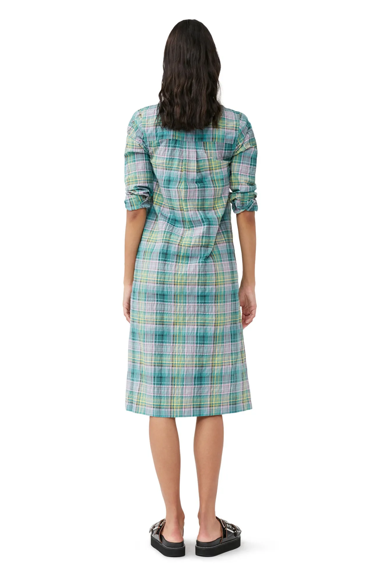 Store GANNI Kariertes Seersucker-Hemdkleid Lagoon