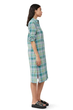 Store GANNI Kariertes Seersucker-Hemdkleid Lagoon