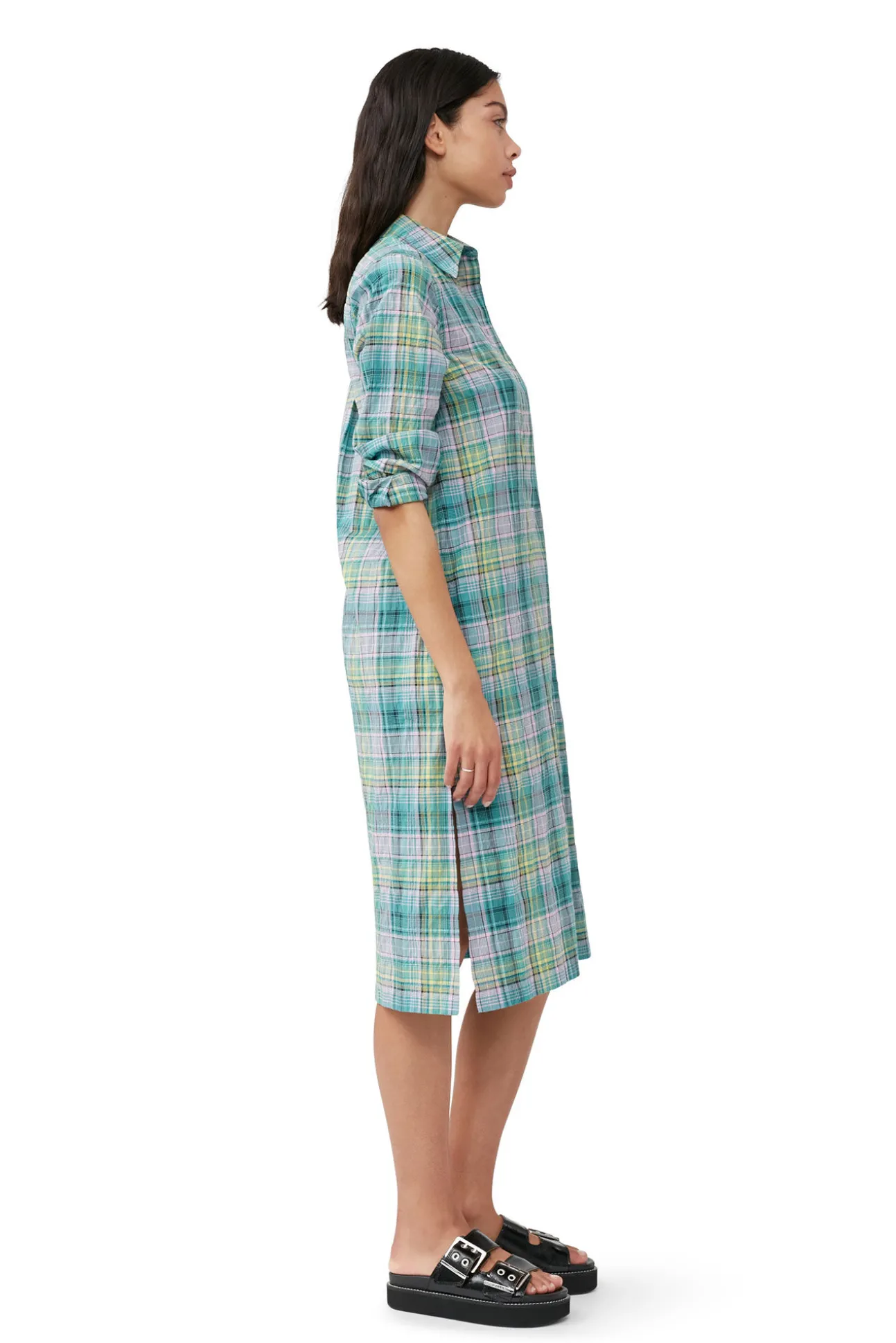 Store GANNI Kariertes Seersucker-Hemdkleid Lagoon