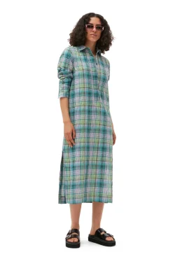 Store GANNI Kariertes Seersucker-Hemdkleid Lagoon