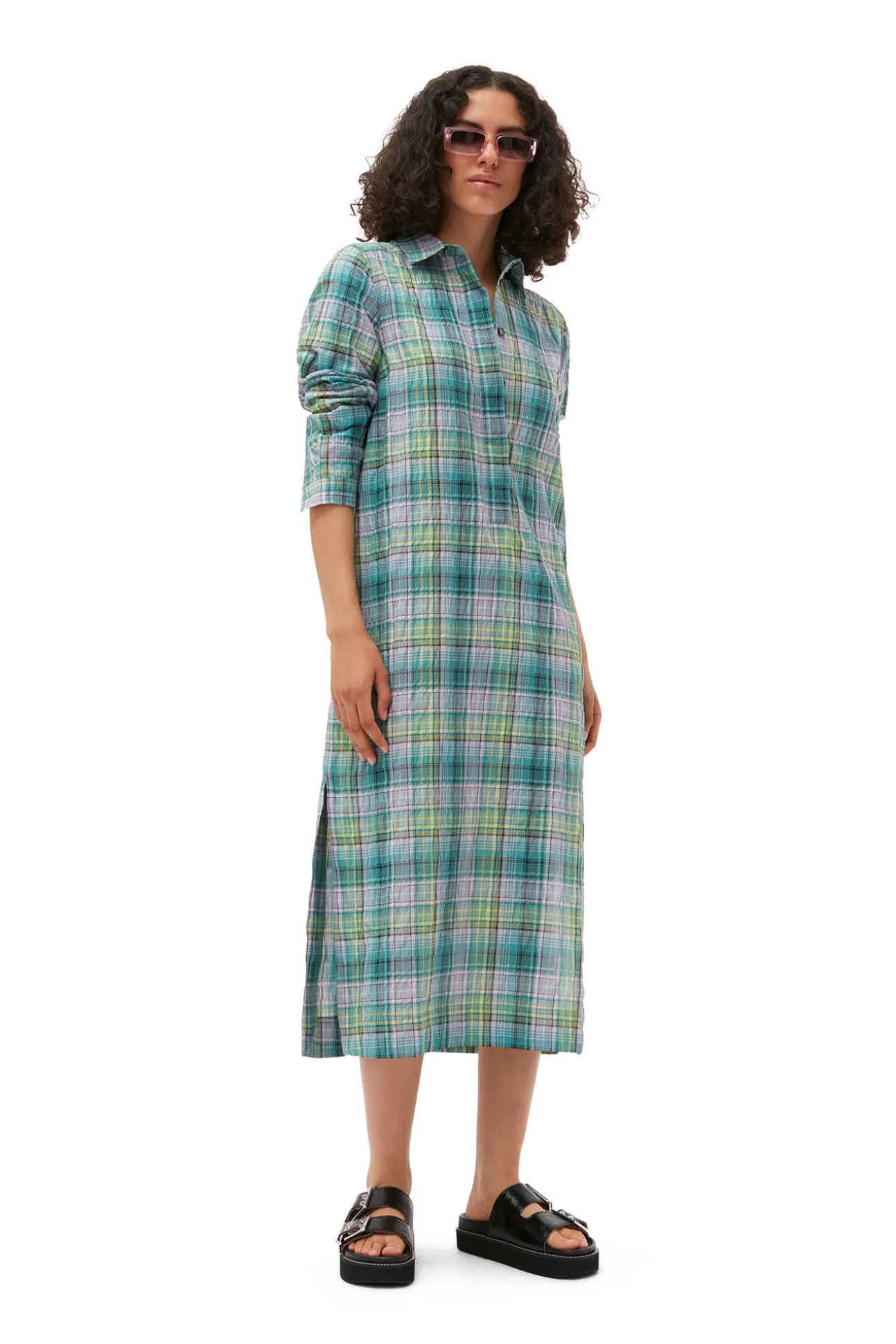 Store GANNI Kariertes Seersucker-Hemdkleid Lagoon