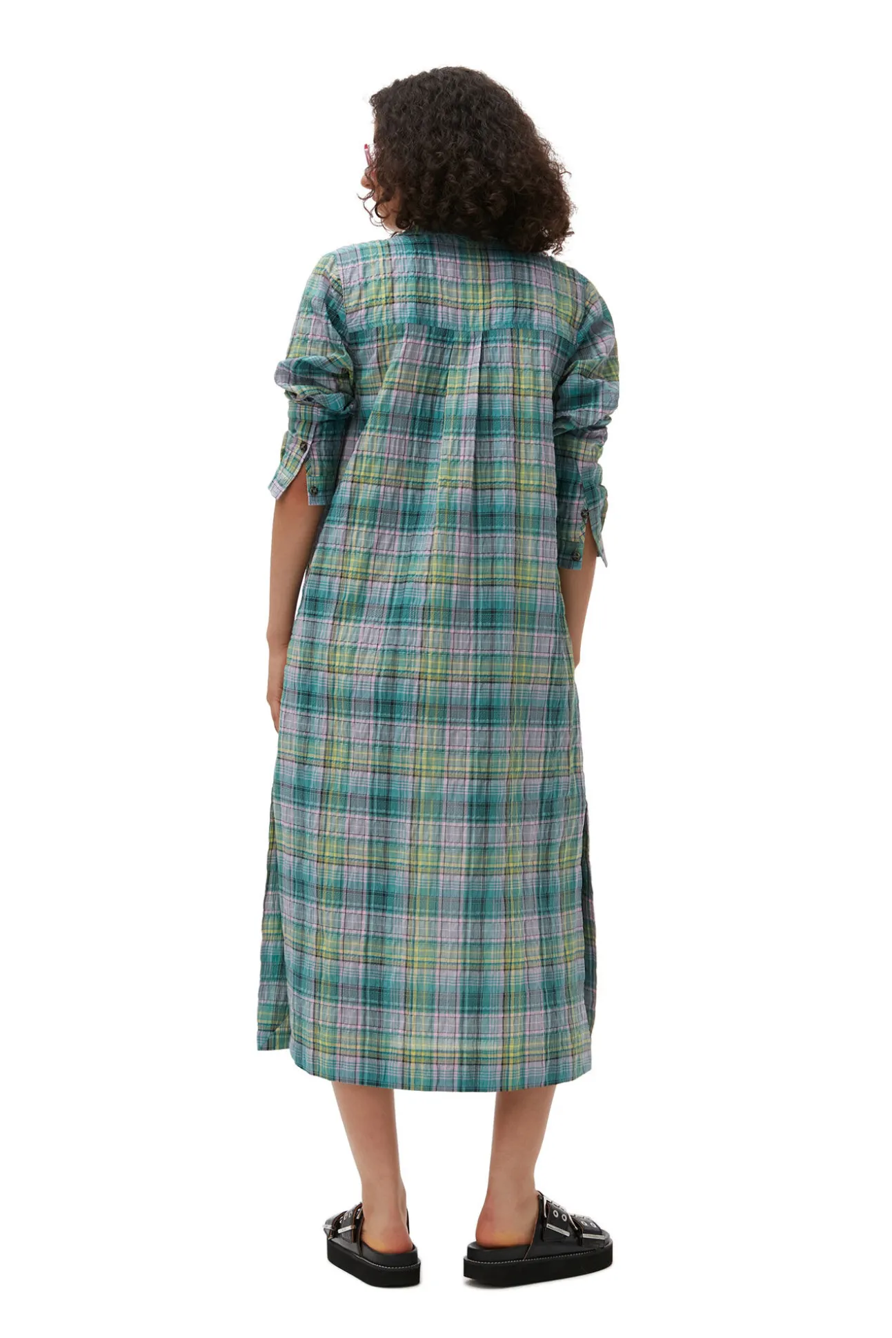 Store GANNI Kariertes Seersucker-Hemdkleid Lagoon
