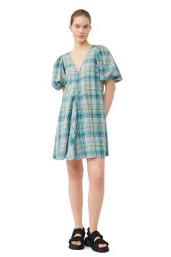 Clearance GANNI Kariertes Seersucker-Minikleid Mit V-Ausschnitt Lagoon
