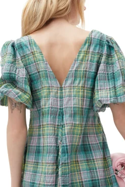 Clearance GANNI Kariertes Seersucker-Minikleid Mit V-Ausschnitt Lagoon