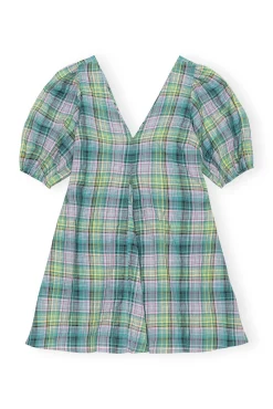 Clearance GANNI Kariertes Seersucker-Minikleid Mit V-Ausschnitt Lagoon
