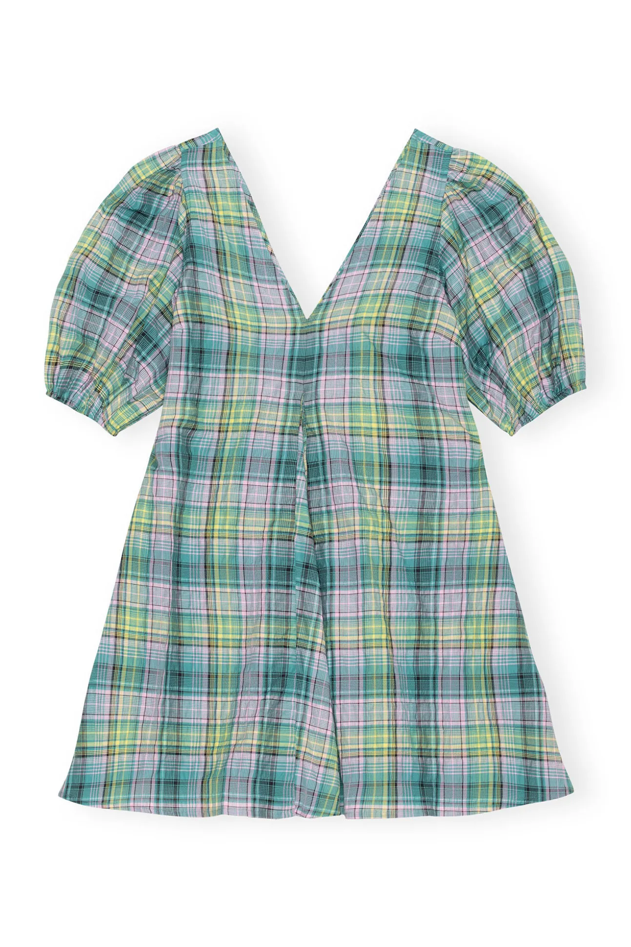 Clearance GANNI Kariertes Seersucker-Minikleid Mit V-Ausschnitt Lagoon