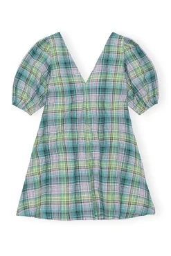 Clearance GANNI Kariertes Seersucker-Minikleid Mit V-Ausschnitt Lagoon