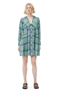 Store GANNI Kariertes, Weites Seersucker-Hemdkleid Lagoon