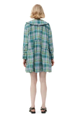 Store GANNI Kariertes, Weites Seersucker-Hemdkleid Lagoon