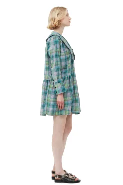 Store GANNI Kariertes, Weites Seersucker-Hemdkleid Lagoon