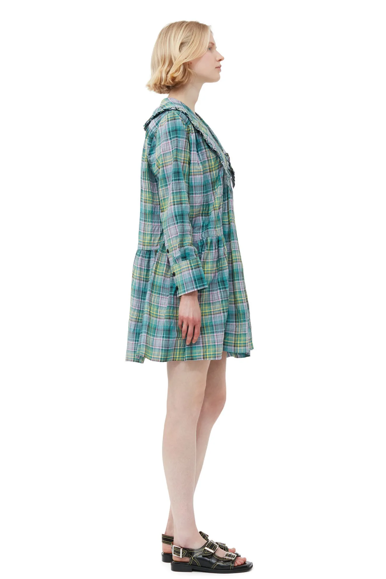 Store GANNI Kariertes, Weites Seersucker-Hemdkleid Lagoon