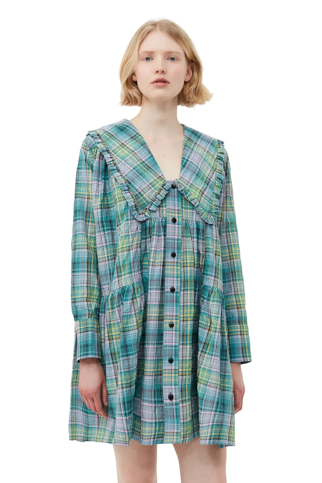 Store GANNI Kariertes, Weites Seersucker-Hemdkleid Lagoon
