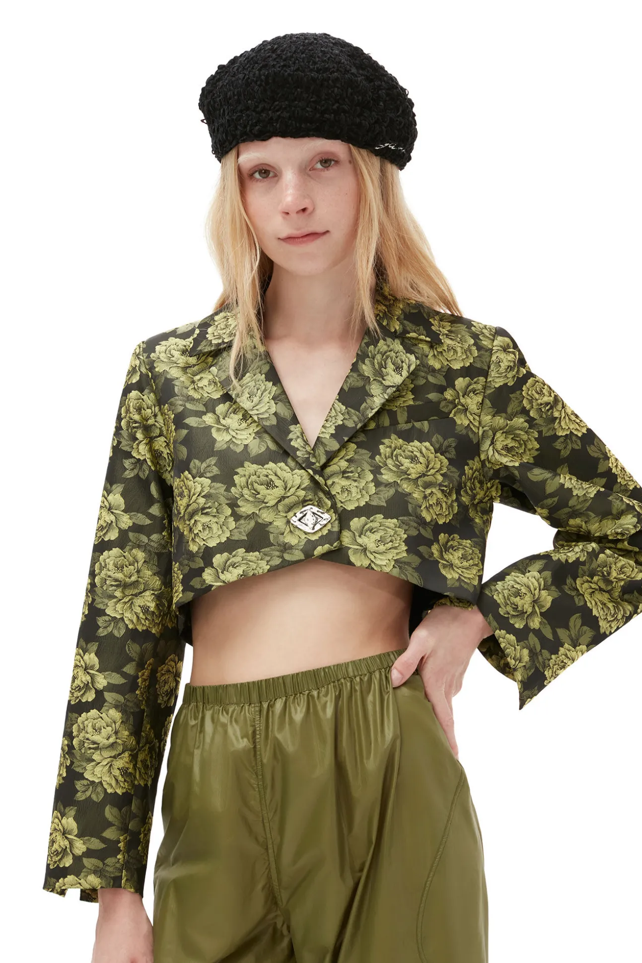 Best Sale GANNI Kurz Geschnittener Anzugblazer Mit Blumenjacquard Lemon Zest