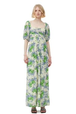 Shop GANNI Langes, Bedrucktes Mesh-Kleid Mit Puffarmeln Egret