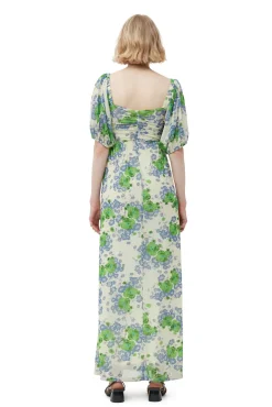 Shop GANNI Langes, Bedrucktes Mesh-Kleid Mit Puffarmeln Egret