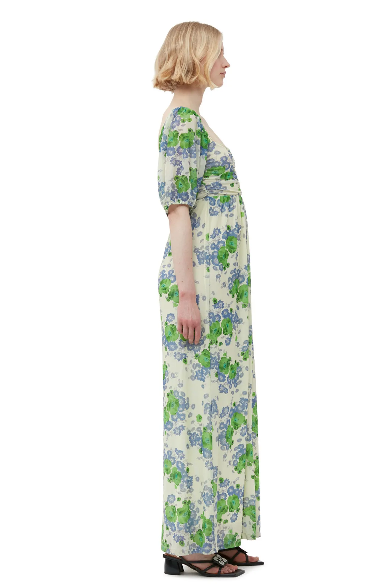 Shop GANNI Langes, Bedrucktes Mesh-Kleid Mit Puffarmeln Egret