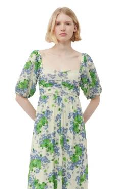 Shop GANNI Langes, Bedrucktes Mesh-Kleid Mit Puffarmeln Egret