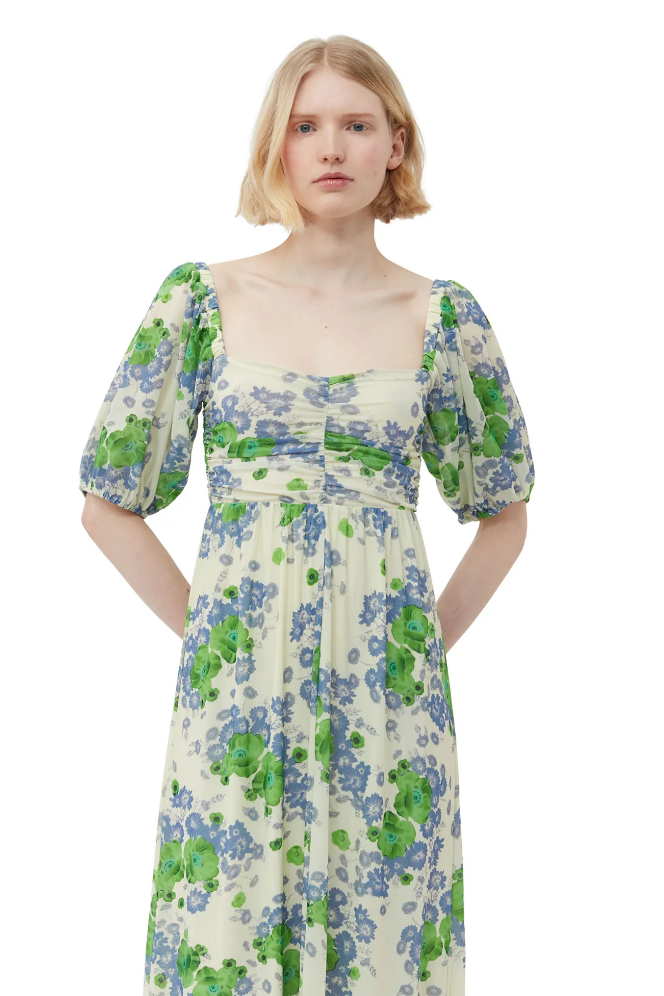 Shop GANNI Langes, Bedrucktes Mesh-Kleid Mit Puffarmeln Egret